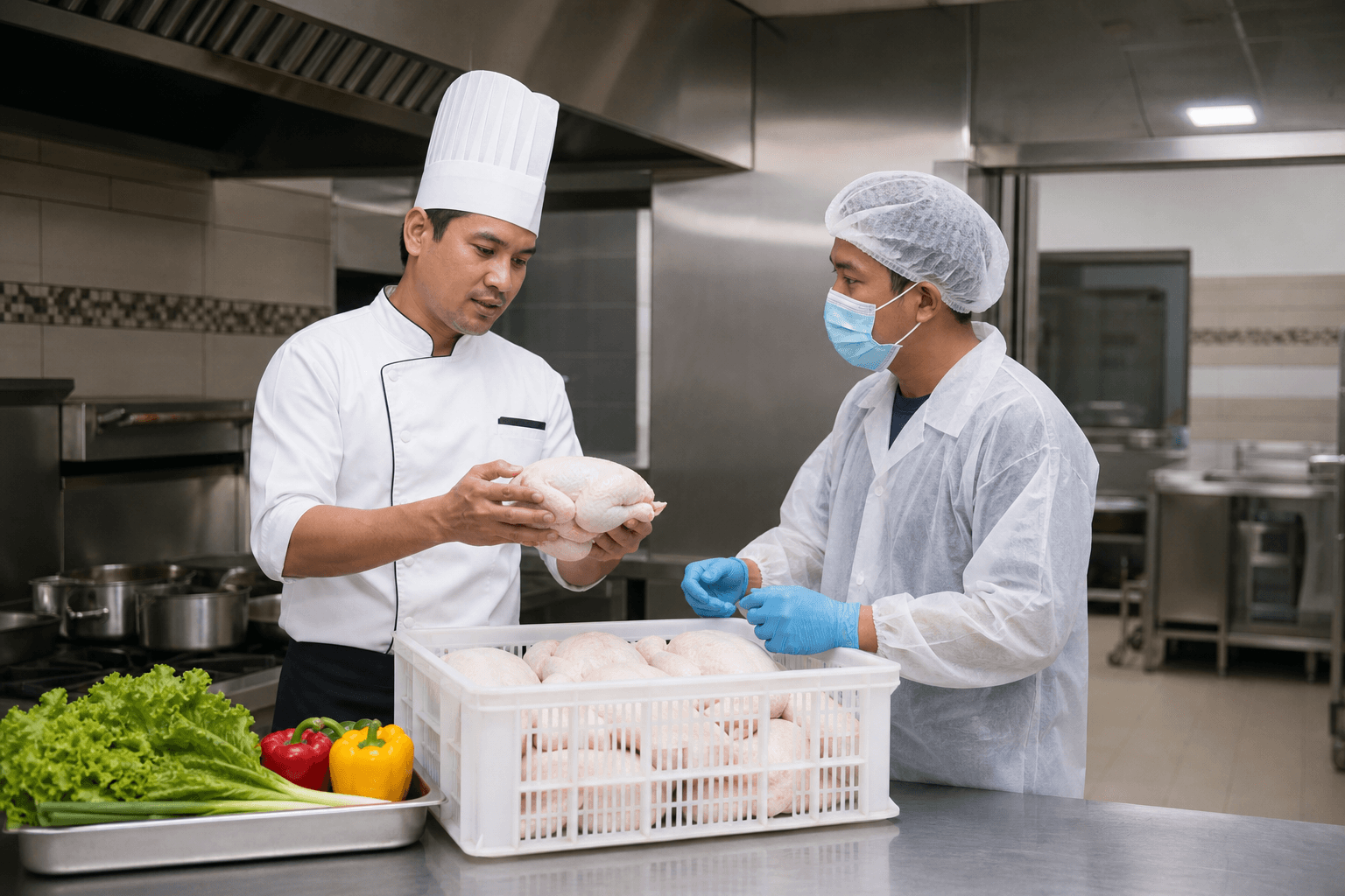 Restaurant chef checking fresh poultry supply