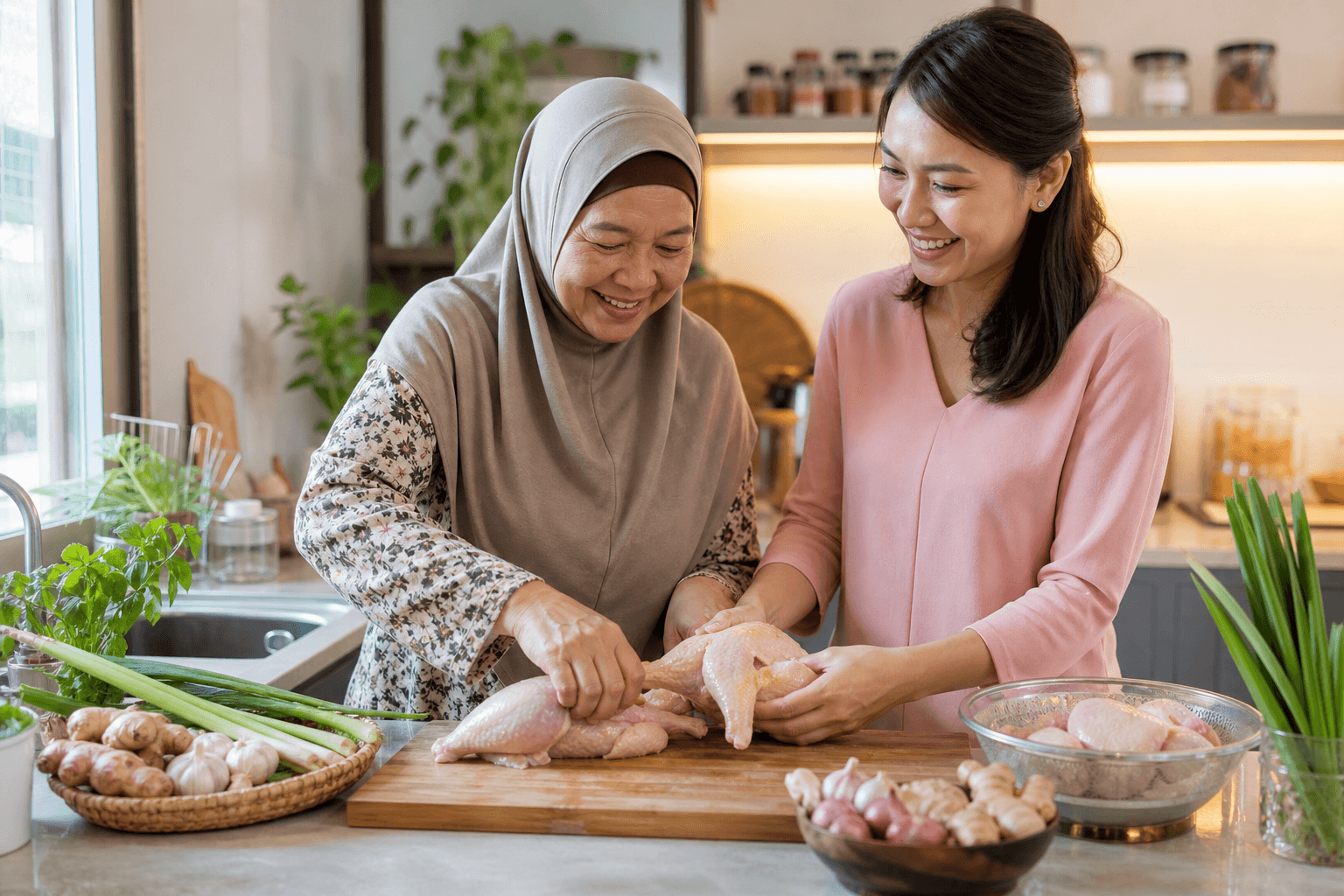 Malaysian family preparing fresh chicken at home