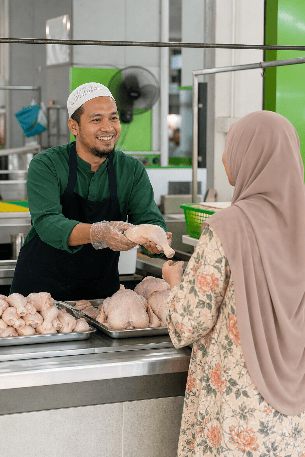 Fresh chicken seller serving a customer at a Malaysian market